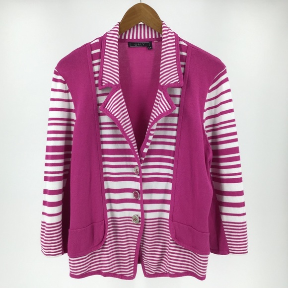 Orly Pink and White 3/4 Sleeve Cardigan, Large - Picture 11 of 16